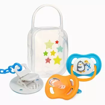 Соска - пустышка анатомическая «Для мальчика» +6 мес., 2 шт., держатель 1 шт., контейнер