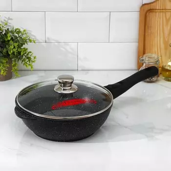 Сотейник «Гранит», 24х8,2 см, съёмная ручка, стеклянная крышка, антипригарное покрытие, цвет чёрный