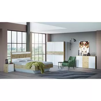 Спальный гарнитур «Аризона 2», кровать, тумба, шкаф-купе, комод, дуб вотан/белый