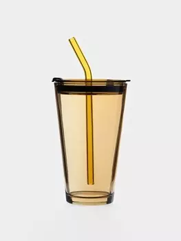 Стакан Доляна «Хеппи», 500 мл, 918.5 см, с крышкой и трубочкой, стекло, жёлтый