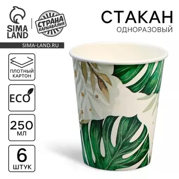 Стакан одноразовый бумажный "Эко" 250 мл, набор 6 штук