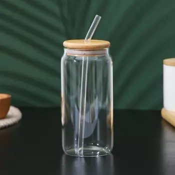 Стакан BellaTenero «Эко», 500 мл, 7.515.5 см, с трубочкой, с бамбуковой крышкой, стекло, прозрачный