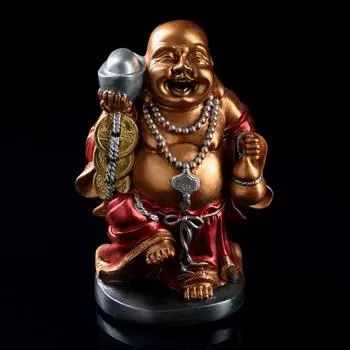 Статуэтка "Хотэй с монетами", бронза, красный халат, 31 см