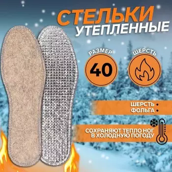Стельки для обуви, утеплённые, двухслойные, фольгированные, окантовка, р-р RU 38 (р-р Пр-ля 40), 25 см, пара, серые