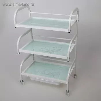Столик косметолога 523280, на колеса, 3 полки, белый (РИСУНОК НА СТЕКЛЕ МИКС)
