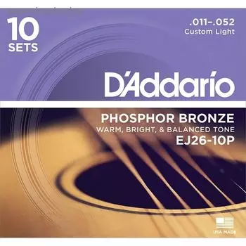 Струны для акустической гитары D`Addario EJ26-10P Phosphor Bronze , Custom Light