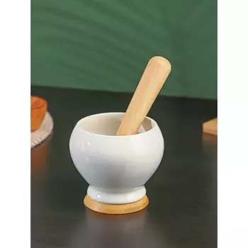 Ступка для специй BellaTenero, 380 мл, с пестиком, на бамбуковой подставке, фарфор, белая