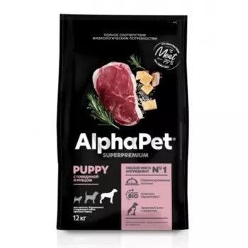 Сухой корм AlphaPet Superpremium для щенков и собак крупных пород, говядина/рубец, 12 кг