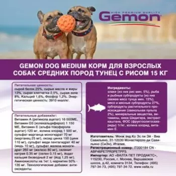 Сухой корм Gemon Dog Medium для взрослых собак средних пород, тунец/рис, 15 кг.