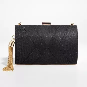 Сумка-клатч женская вечерняя на фермуаре, жёсткий корпус, с золотистой кисточкой, чёрная