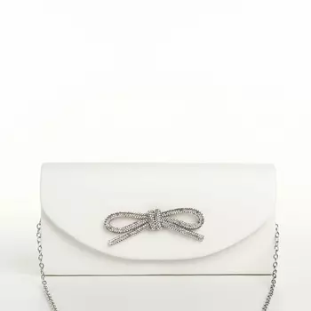 Сумка-клатч женская вечерняя на магните, на длинной цепочке, с декоративным бантом, белая