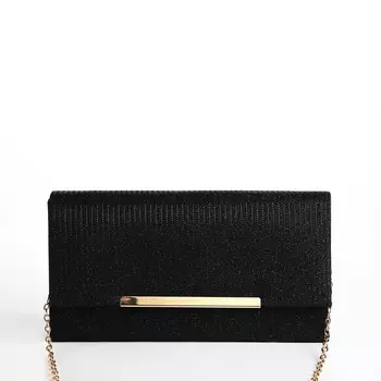 Сумка-клатч женская на магните, на длинной цепочке, блестящая, чёрная