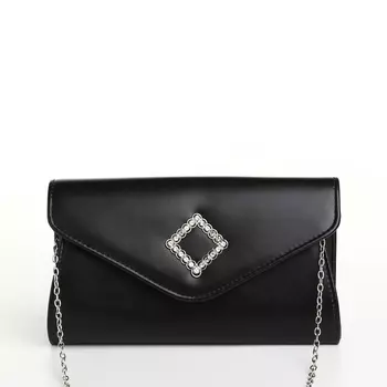 Сумка-клатч женская вечерняя на магните, на длинной цепочке, с декоративным элементом, однотонная, чёрная