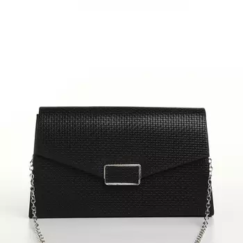 Сумка-клатч женская вечерняя на магните, на длинной серебристой цепочке, чёрная
