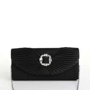 Сумка-клатч женская вечерняя на магните, на длинной цепочке, с декоративной пряжкой, блестящая, чёрная