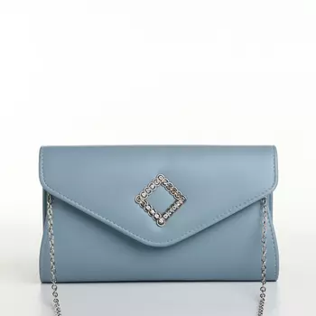 Сумка-клатч женская вечерняя на магните, на длинной цепочке, с декоративным элементом, однотонная, серо-голубая