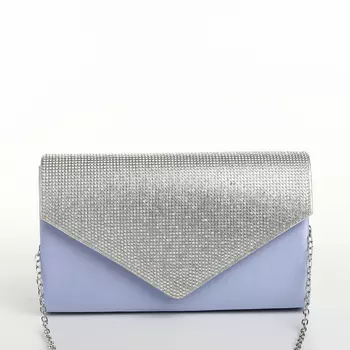 Сумка-клатч женская вечерняя на магните, на длинной цепочке, комбинированная, голубая/серебристая