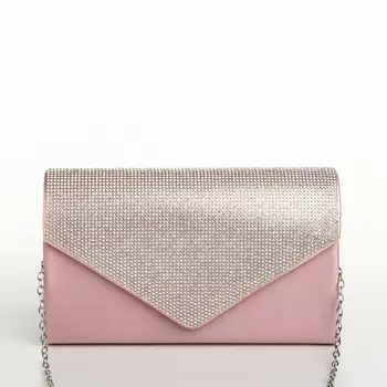 Сумка-клатч женская вечерняя на магните, на длинной цепочке, комбинированная, розовая/серебристая