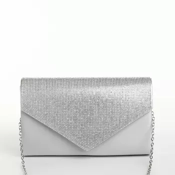 Сумка-клатч женская вечерняя на магните, на длинной цепочке, комбинированная, серая/серебристая