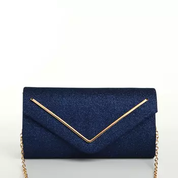 Сумка-клатч женская вечерняя на магните, на золотистой цепочке, тёмно-синяя