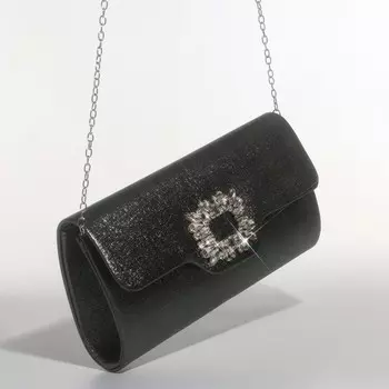 Сумка-клатч женская вечерняя на магните, на цепочке, с декоративной пряжкой, блестящая, тёмно-серебристая