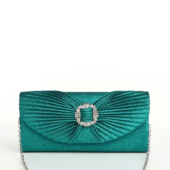 Сумка-клатч женская вечерняя на магните, на длинной цепочке, с декоративной пряжкой, блестящая, зелёная