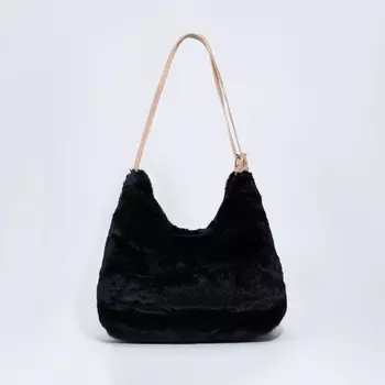 Сумка - мешок женская на молнии, плюшевая, 321032 см, чёрная