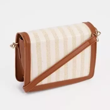 Сумка-мессенджер на клапане, длинный ремень, цвет бежевый/коричневый