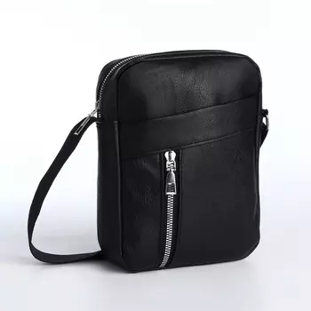 Сумка мужская через плечо на молнии, 2 наружных кармана, чёрная