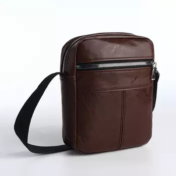 Сумка мужская через плечо на молнии, наружный карман, коричневая