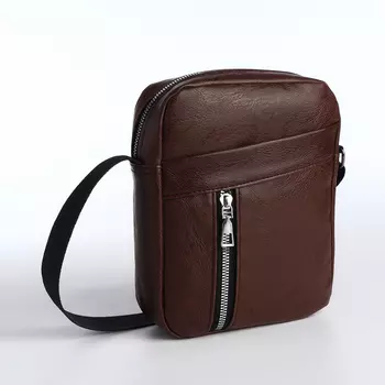 Сумка мужская через плечо на молнии, 2 наружных кармана, коричневая
