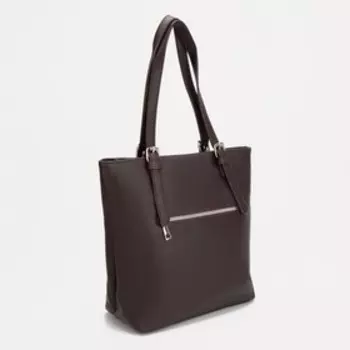 Сумка-тоут на молнии, наружный карман, длинный ремень, цвет тёмно-коричневый