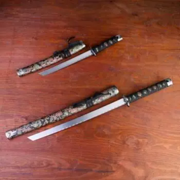 Макет оружия «Сувенирные катаны на подставке 2в1. Драконы золото на чёрном», подарочный набор, ножны ткань, 47 см; 70 см