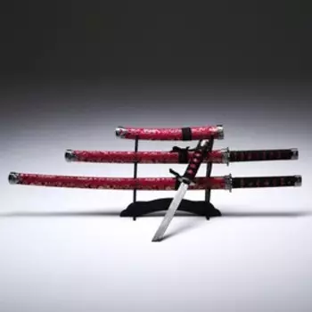 Макет оружия «Сувенирные катаны на подставке 3в1. Цветы на красном», подарочный набор, ножны кожзам, 47 см; 70 см; 89 см