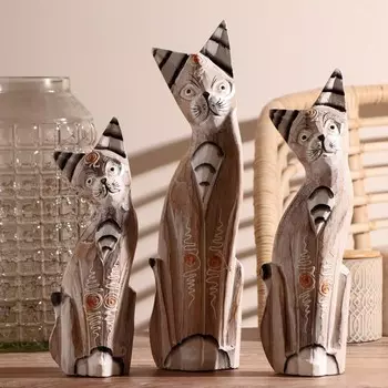 Сувенир дерево "Кошки с полосатыми ушками роспись цветы" набор 3 шт h=25, 30, 35 см