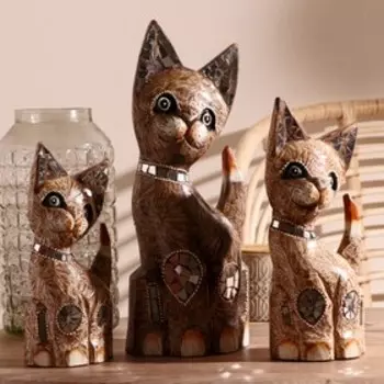 Сувенир дерево "Кошки с зеркальными вставками" мокко (набор 3 шт) h=25,30,40 см
