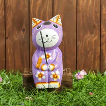 Сувенир дерево "Котёнок рыбак" фиолетовый 9х9х20 см