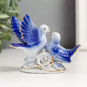 Сувенир керамика "2 голубка с розой, синие" со стразами 6,7х9,2х3 см