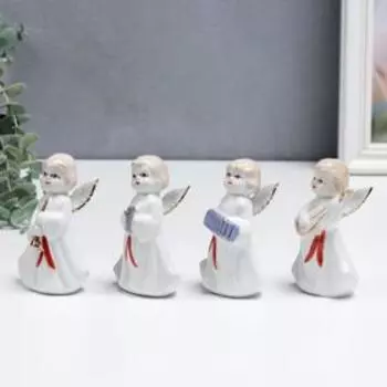 Сувенир керамика "Ангелы в белых тогах с красным поясом - музыканты" набор 4 шт 11 см
