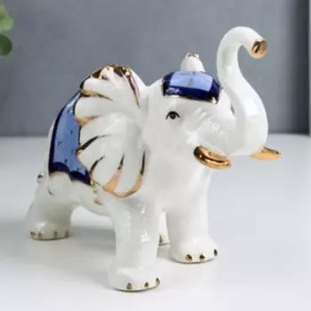 Сувенир керамика "Белый слон с попоной с кисточками" синий с золотом 21х14х8,5 см