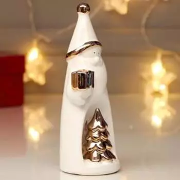 Сувенир керамика "Дед Мороз с подарком и ёлкой" розовое золото 17х7х7,2 см