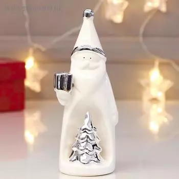 Сувенир керамика "Дед Мороз с подарком и ёлкой" серебро 17х7х7,2 см