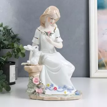Сувенир керамика "Девушка в белом платье, на камне с белым кроликом" 25 см