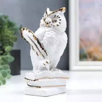 Сувенир керамика "Филин с пером на книгах" белый с золотом 16 см