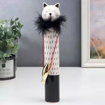 Сувенир керамика "Кошечка с рыбкой" бело-чёрный, пух 27х5х5 см