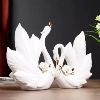 Сувенир керамика "Лебеди с розами" набор 2 шт белый с золотом 21,8х16,8х7,8, 25х19х9 см