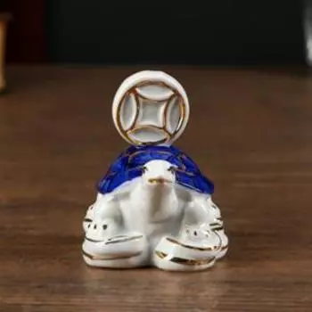 Сувенир керамика нэцке "Черепаха с китайской монетой" бело-синяя с золотом 7,5х7,5х5 см