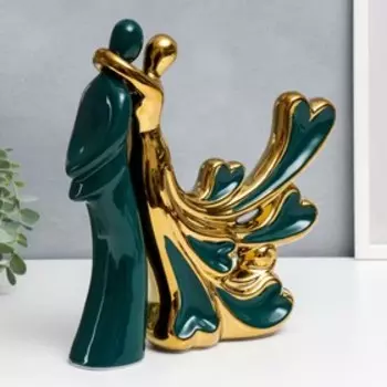 Сувенир керамика "Обьятия, шлейф с сердцами" тёмно-зелёный с золотом набор 2 шт 26,5х26 см