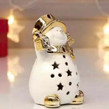 Сувенир керамика подсвечник "Снеговик в шляпе и шарфе с фонариком" золото 12х6,5х8,5 см