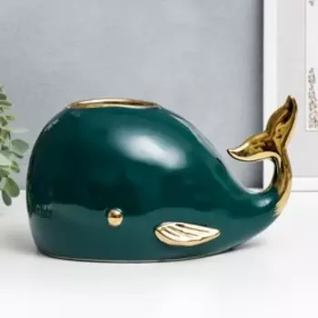 Сувенир керамика салфетница "Кит" тёмно-зелёный с золотом 14х26 см